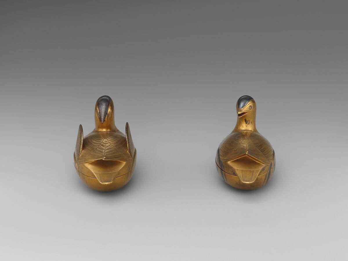 Pair of Incense Boxes (Kōgō) in the Shape of Mandarin Ducks, Lacquered wood with gold and silver takamaki-e, hiramaki-e, and togidashimaki-e, cutout gold foil application, Japan