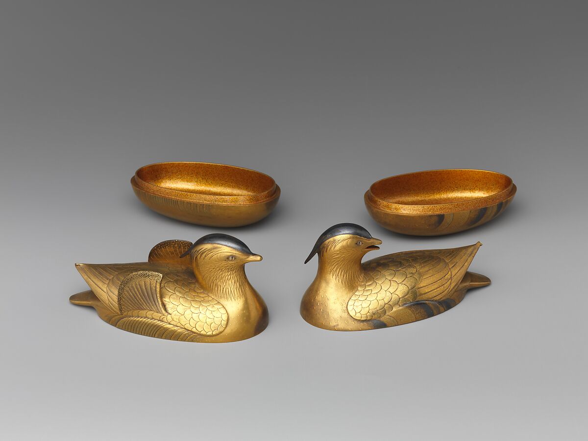Pair of Incense Boxes (Kōgō) in the Shape of Mandarin Ducks, Lacquered wood with gold and silver takamaki-e, hiramaki-e, and togidashimaki-e, cutout gold foil application, Japan