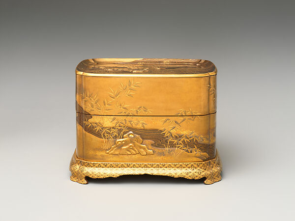 Incense Box with Design of Maple and and Mountain Scenery, Gold maki-e on black lacquer, Japan