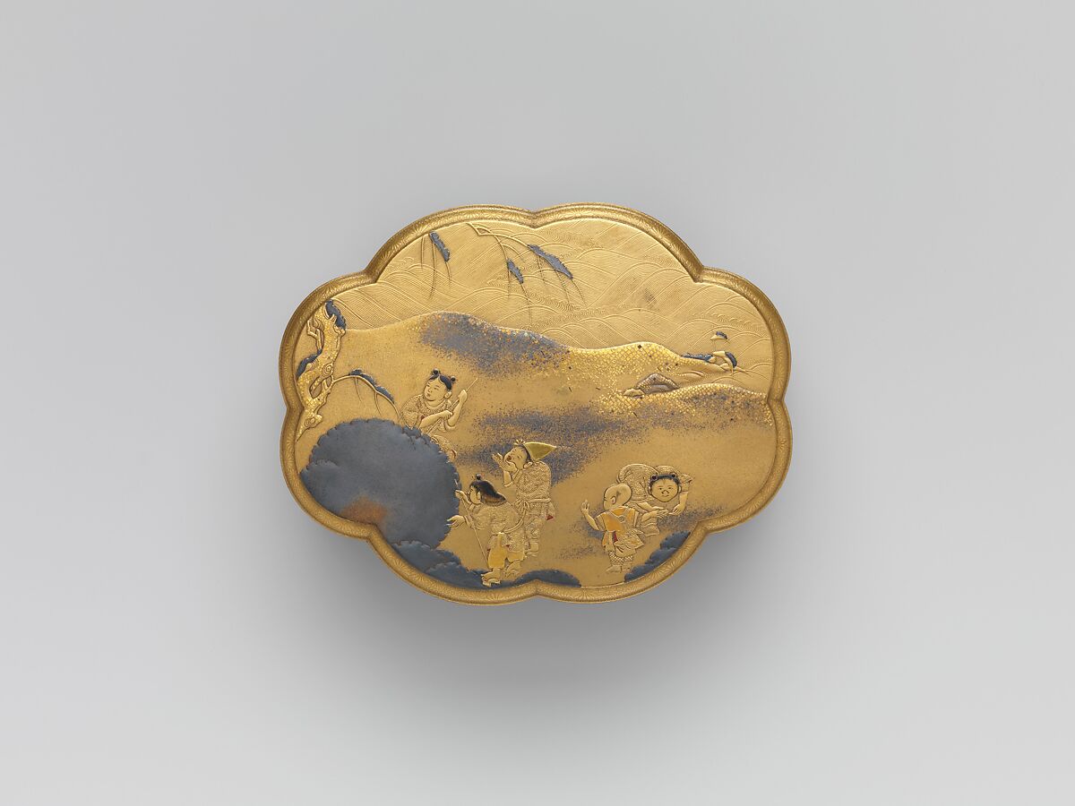 Incense box with Chinese children playing with snowballs, Gold, silver togidashi maki-e, hiramaki-e, takamaki-e, cut-out gold foil application, red lacquer, gold foil application on gold ground, Japan