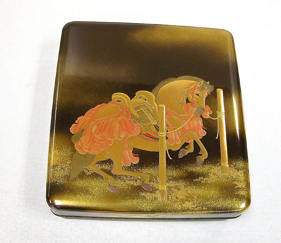 Writing Box with Decoration of a Tethered Horse, Tokimichi (Japanese, act. ca. 1890), Gold and red maki-e on black lacquer, Japan