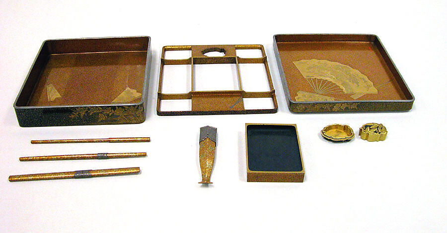 Writing Box with Yellow Rose Flowers and Rushing Stream, Black lacquer with gold and silver takamaki-e, hiramaki-e, togidashimaki-e and cutout gold foil application, Japan