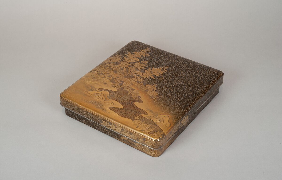 Writing Box with Yellow Rose Flowers and Rushing Stream, Black lacquer with gold and silver takamaki-e, hiramaki-e, togidashimaki-e and cutout gold foil application, Japan 