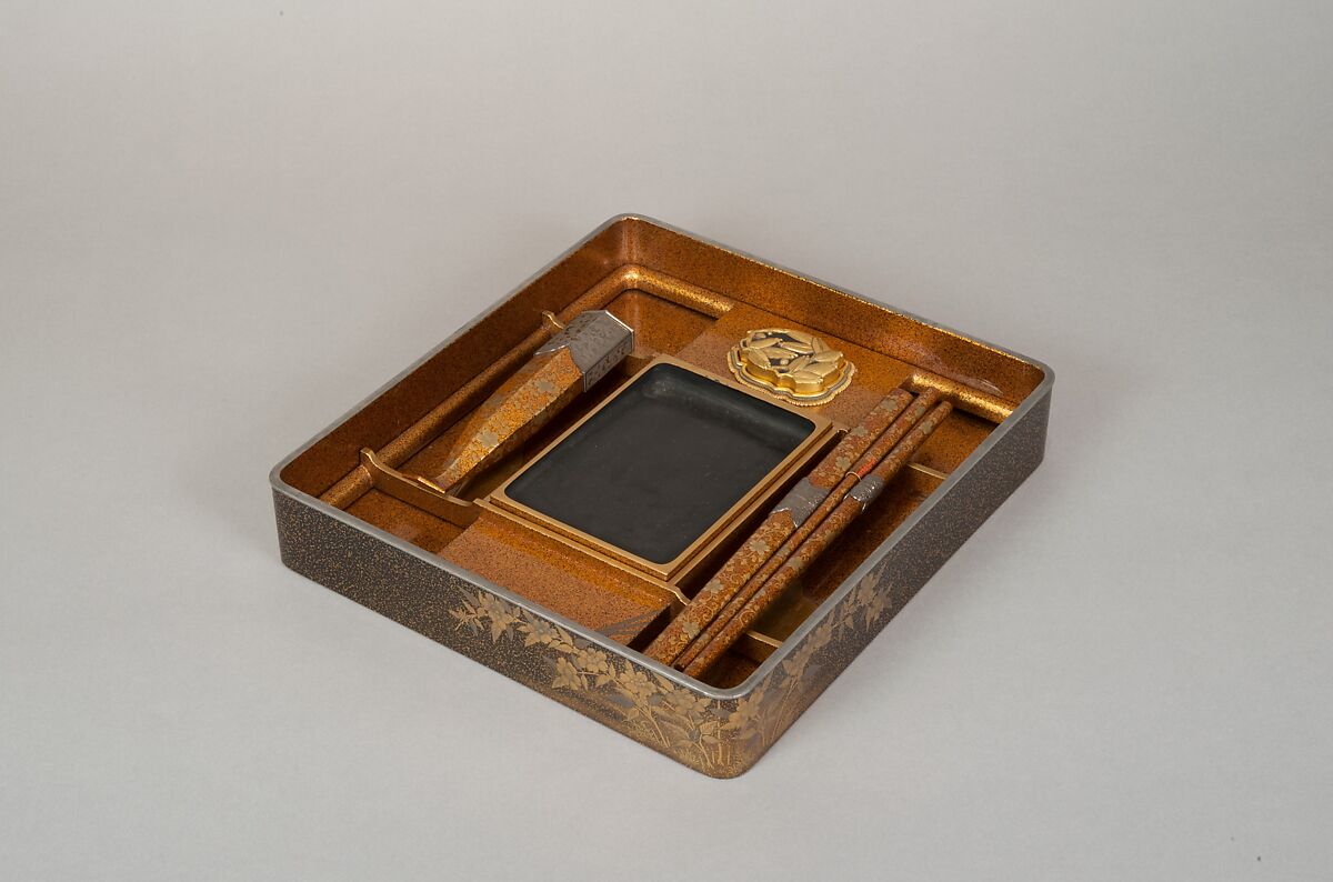 Writing Box with Yellow Rose Flowers and Rushing Stream, Black lacquer with gold and silver takamaki-e, hiramaki-e, togidashimaki-e and cutout gold foil application, Japan