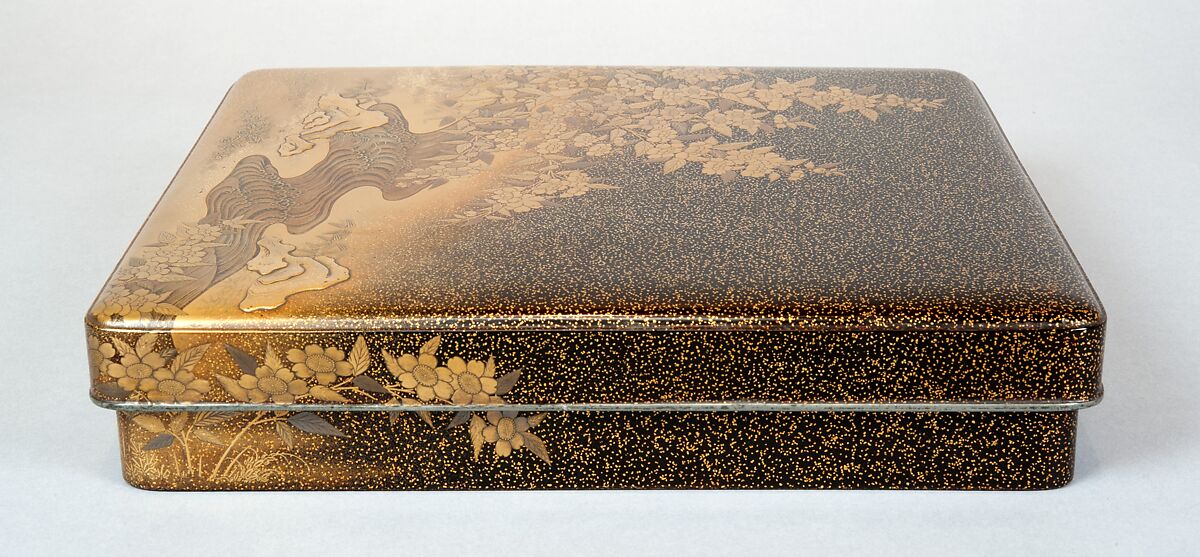 Writing Box with Yellow Rose Flowers and Rushing Stream, Black lacquer with gold and silver takamaki-e, hiramaki-e, togidashimaki-e and cutout gold foil application, Japan