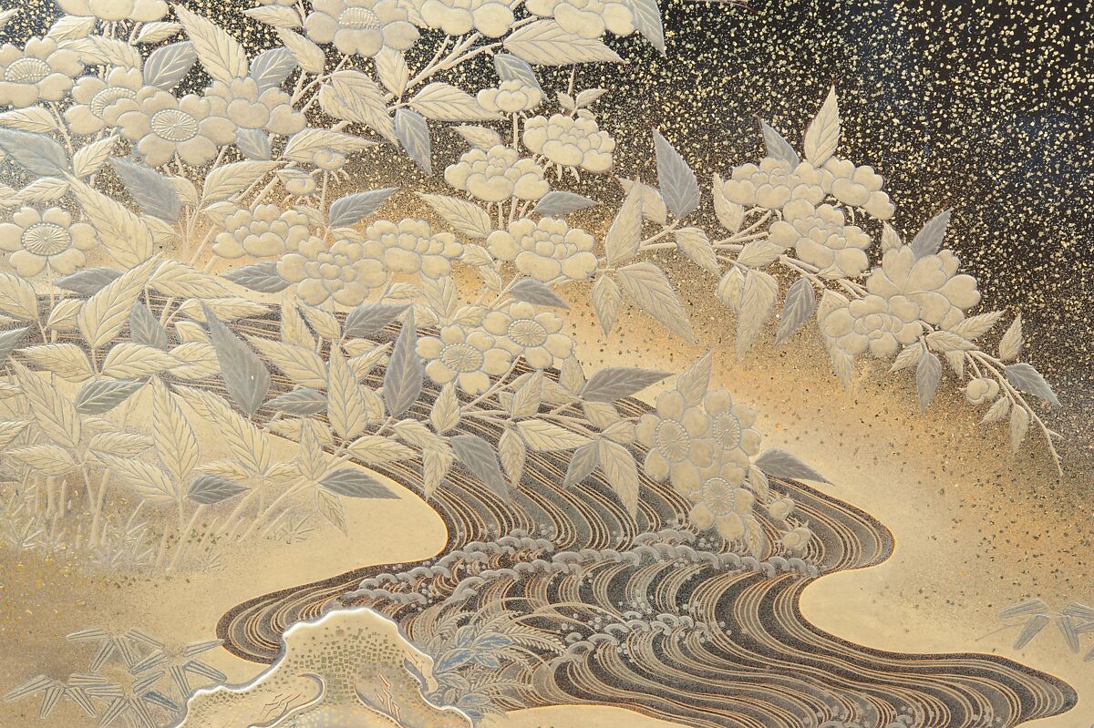 Writing Box with Yellow Rose Flowers and Rushing Stream, Black lacquer with gold and silver takamaki-e, hiramaki-e, togidashimaki-e and cutout gold foil application, Japan