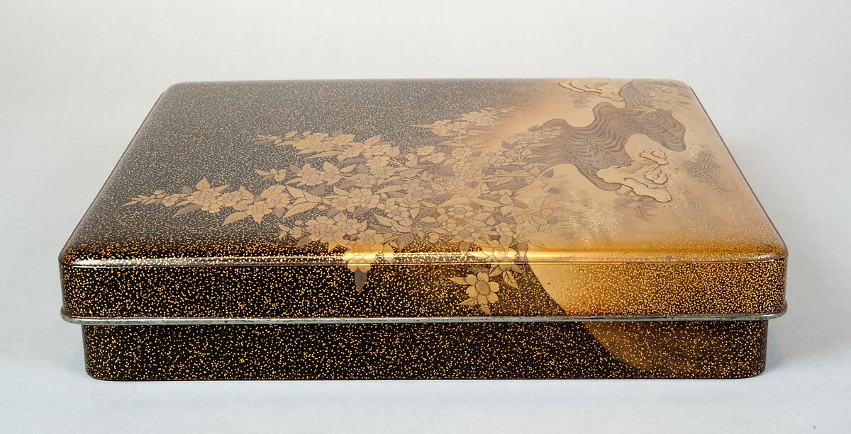 Writing Box with Yellow Rose Flowers and Rushing Stream, Black lacquer with gold and silver takamaki-e, hiramaki-e, togidashimaki-e and cutout gold foil application, Japan