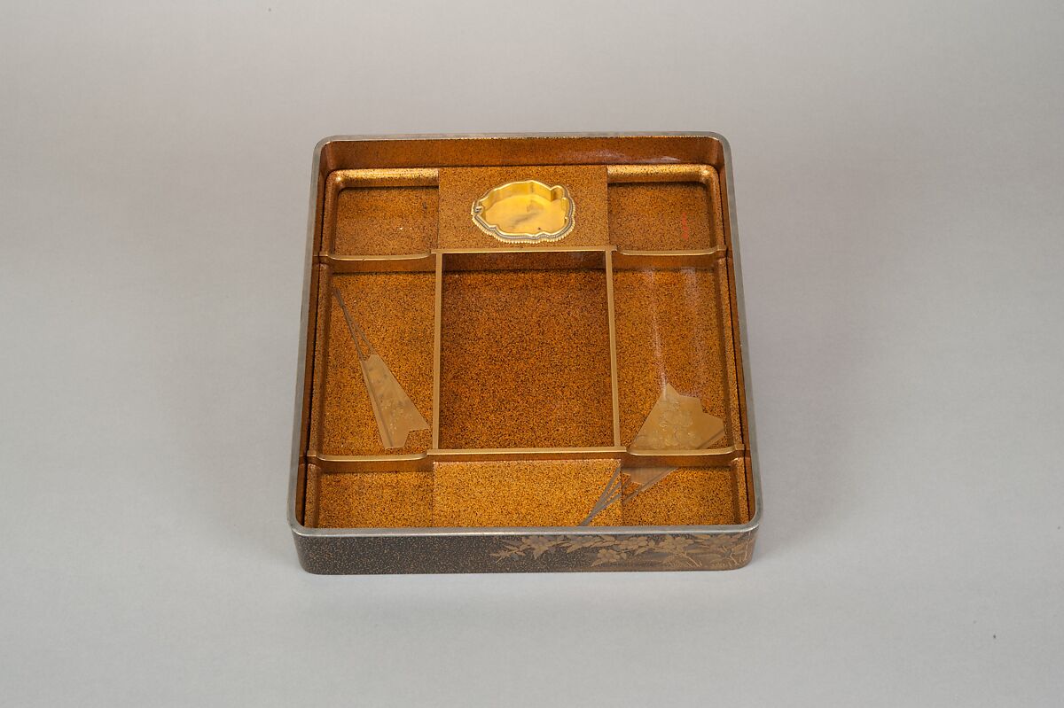 Writing Box with Yellow Rose Flowers and Rushing Stream, Black lacquer with gold and silver takamaki-e, hiramaki-e, togidashimaki-e and cutout gold foil application, Japan