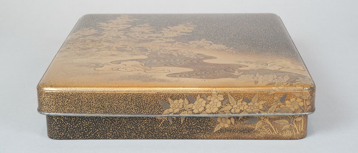 Writing Box with Yellow Rose Flowers and Rushing Stream, Black lacquer with gold and silver takamaki-e, hiramaki-e, togidashimaki-e and cutout gold foil application, Japan