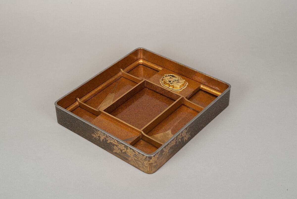 Writing Box with Yellow Rose Flowers and Rushing Stream, Black lacquer with gold and silver takamaki-e, hiramaki-e, togidashimaki-e and cutout gold foil application, Japan