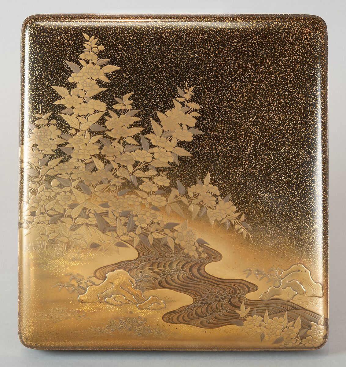 Writing Box with Yellow Rose Flowers and Rushing Stream, Black lacquer with gold and silver takamaki-e, hiramaki-e, togidashimaki-e and cutout gold foil application, Japan