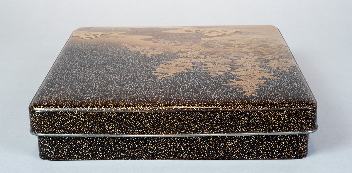 Writing Box with Yellow Rose Flowers and Rushing Stream, Black lacquer with gold and silver takamaki-e, hiramaki-e, togidashimaki-e and cutout gold foil application, Japan