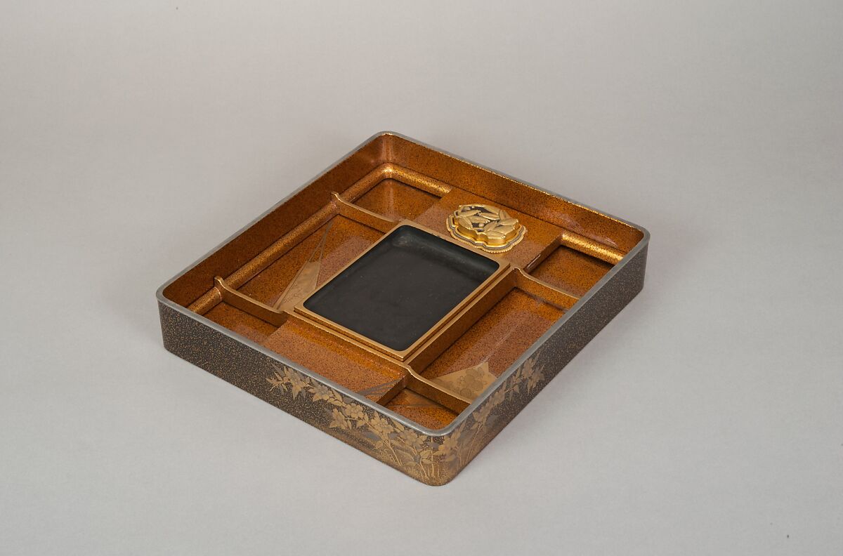 Writing Box with Yellow Rose Flowers and Rushing Stream, Black lacquer with gold and silver takamaki-e, hiramaki-e, togidashimaki-e and cutout gold foil application, Japan