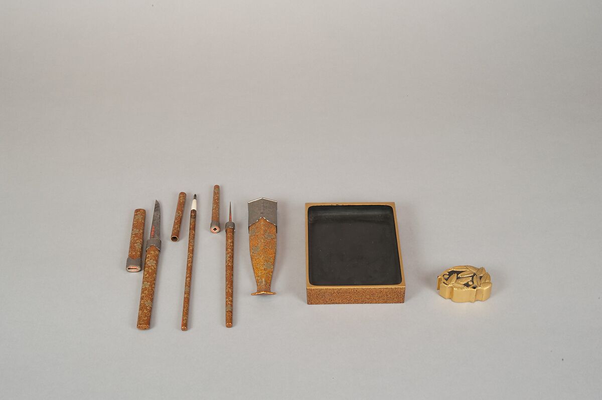 Writing Box with Yellow Rose Flowers and Rushing Stream, Black lacquer with gold and silver takamaki-e, hiramaki-e, togidashimaki-e and cutout gold foil application, Japan