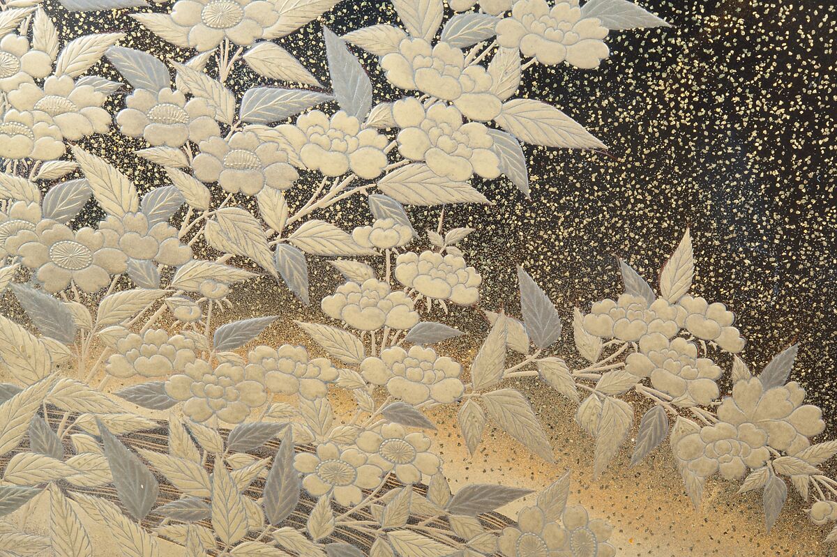 Writing Box with Yellow Rose Flowers and Rushing Stream, Black lacquer with gold and silver takamaki-e, hiramaki-e, togidashimaki-e and cutout gold foil application, Japan