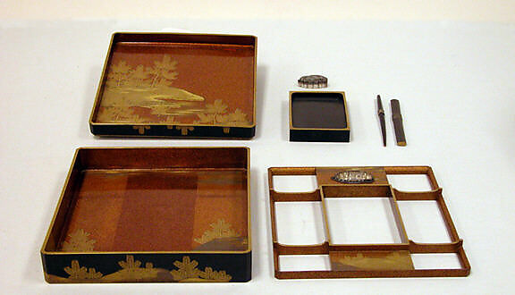 Writing Box with Design of a Cherry Tree and Waterfall, Gold and silver maki-e on black lacquer, Japan