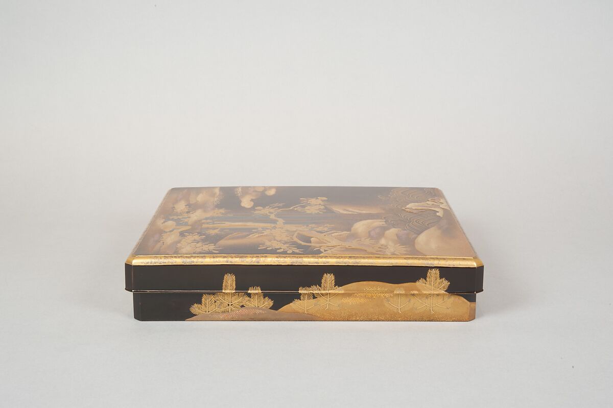 Writing Box with Design of a Cherry Tree and Waterfall, Gold and silver maki-e on black lacquer, Japan