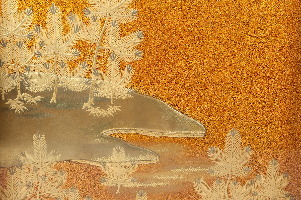 Writing Box with Design of a Cherry Tree and Waterfall, Gold and silver maki-e on black lacquer, Japan