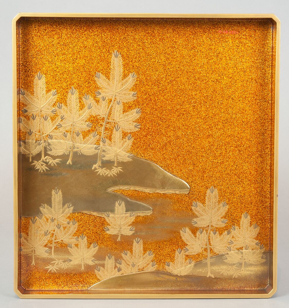 Writing Box with Design of a Cherry Tree and Waterfall, Gold and silver maki-e on black lacquer, Japan