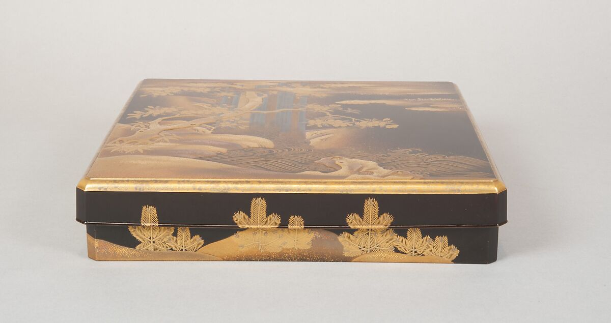 Writing Box with Design of a Cherry Tree and Waterfall, Gold and silver maki-e on black lacquer, Japan