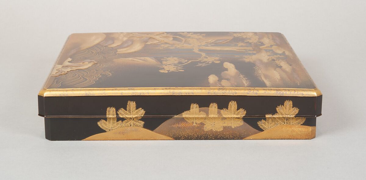 Writing Box with Design of a Cherry Tree and Waterfall, Gold and silver maki-e on black lacquer, Japan