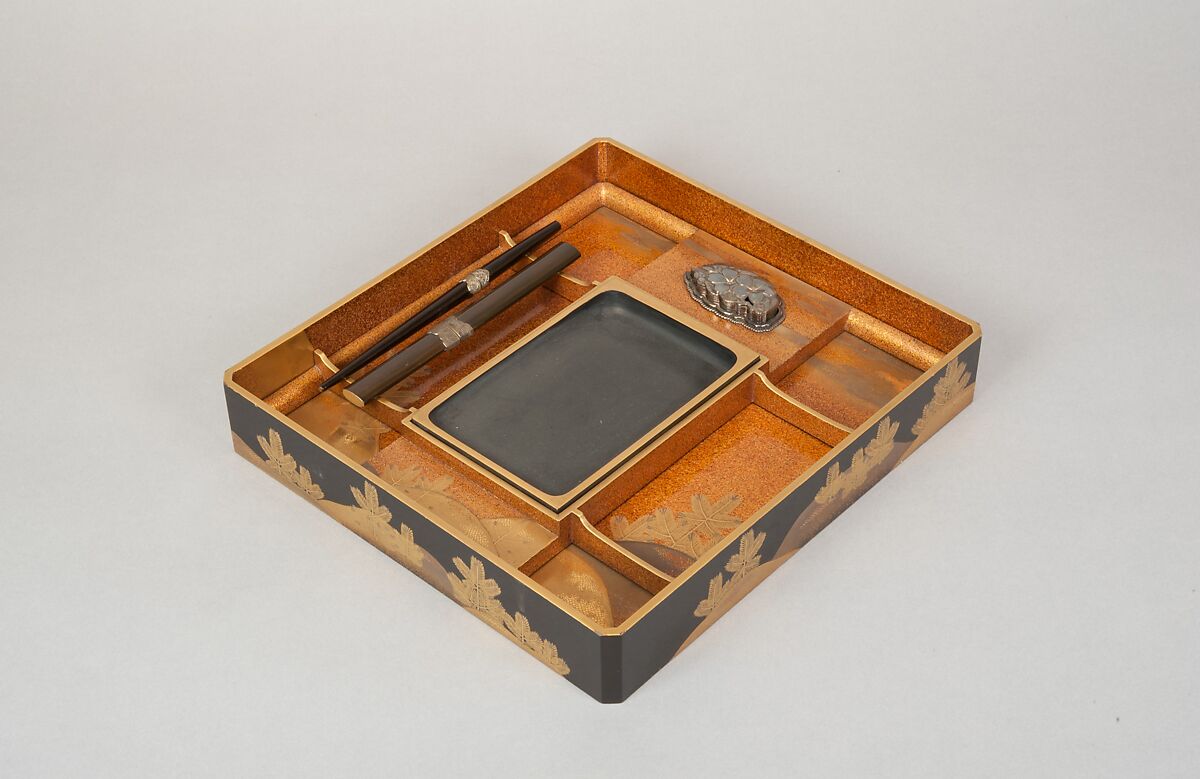 Writing Box with Design of a Cherry Tree and Waterfall, Gold and silver maki-e on black lacquer, Japan