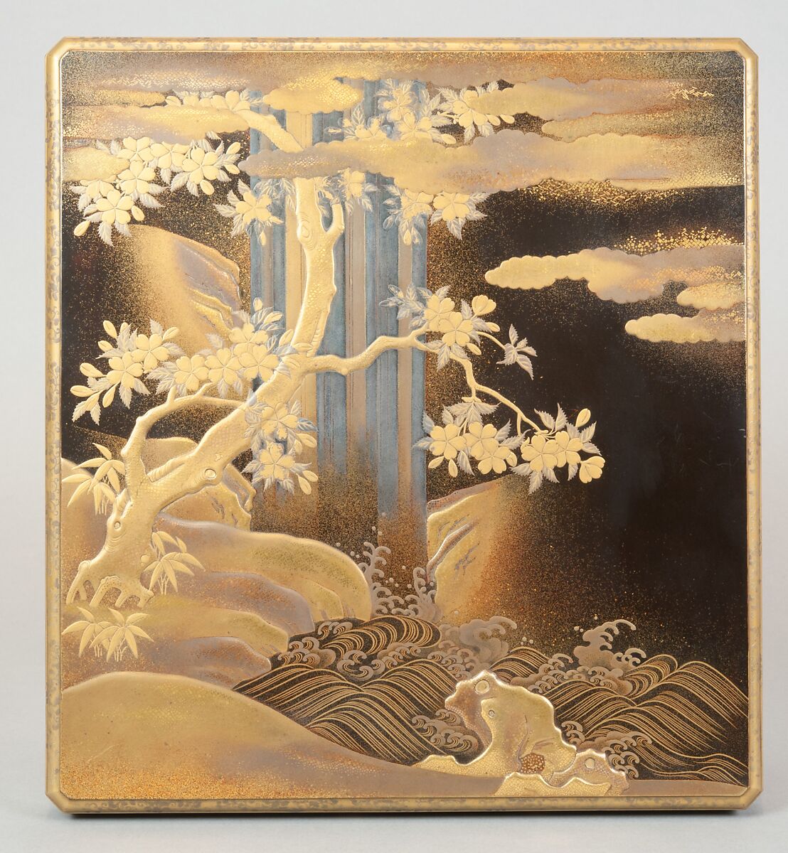 Writing Box with Design of a Cherry Tree and Waterfall, Gold and silver maki-e on black lacquer, Japan