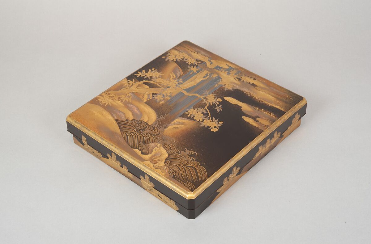 Writing Box with Design of a Cherry Tree and Waterfall, Gold and silver maki-e on black lacquer, Japan 