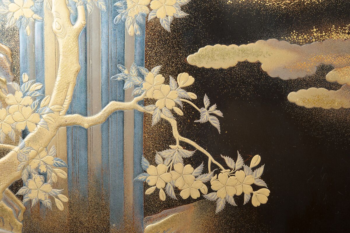 Writing Box with Design of a Cherry Tree and Waterfall, Gold and silver maki-e on black lacquer, Japan