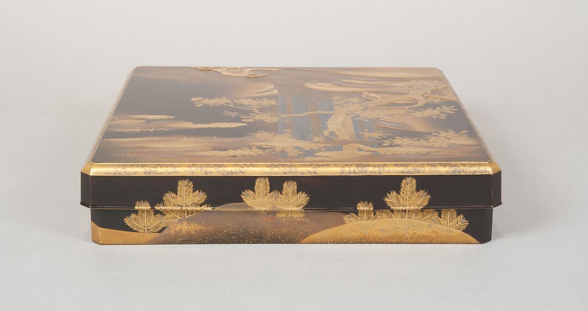 Writing Box with Design of a Cherry Tree and Waterfall, Gold and silver maki-e on black lacquer, Japan