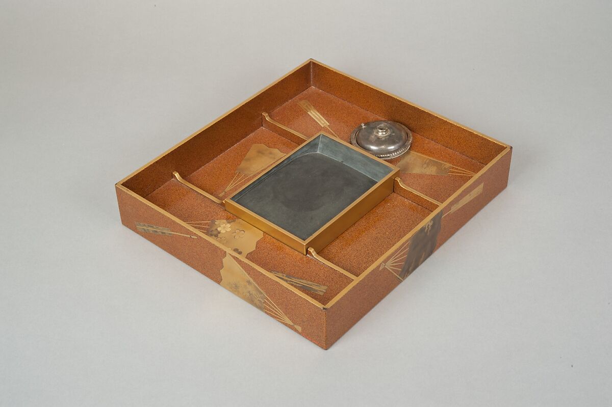 Writing box (suzuribako) with folding fans, Lacquered wood with gold and silver togidashimaki-e and hiramaki-e on “pear-skin” (nashiji) ground, Japan