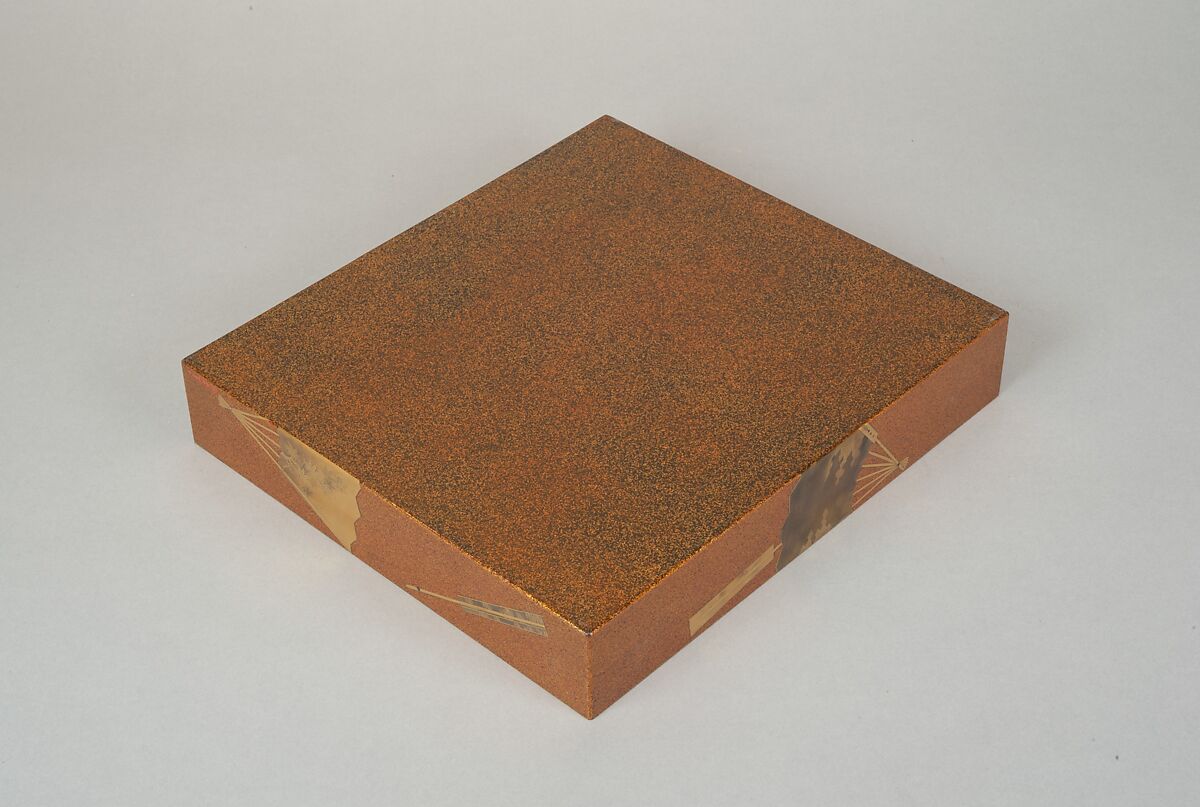 Writing box (suzuribako) with folding fans, Lacquered wood with gold and silver togidashimaki-e and hiramaki-e on “pear-skin” (nashiji) ground, Japan