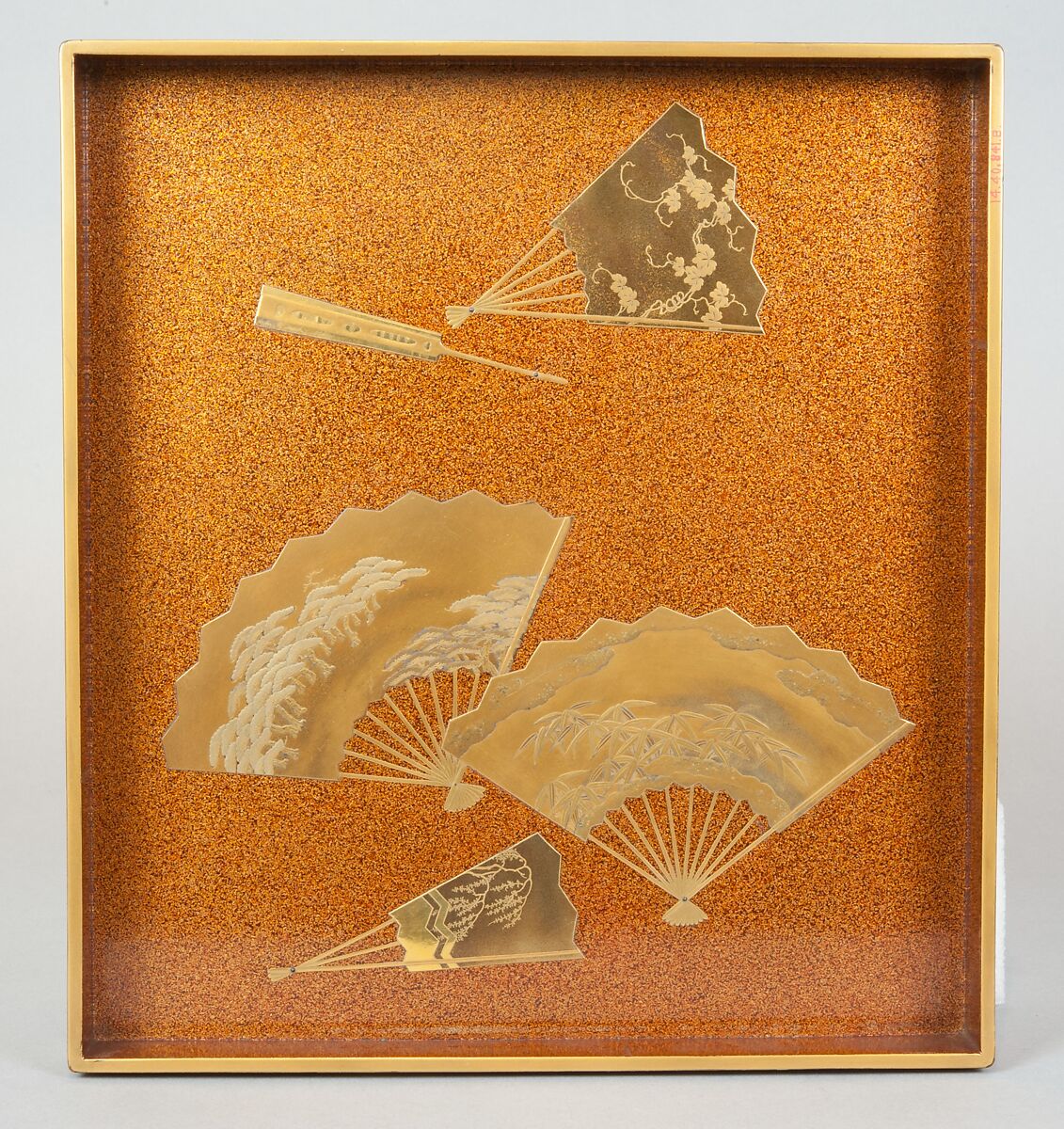 Writing box (suzuribako) with folding fans, Lacquered wood with gold and silver togidashimaki-e and hiramaki-e on “pear-skin” (nashiji) ground, Japan