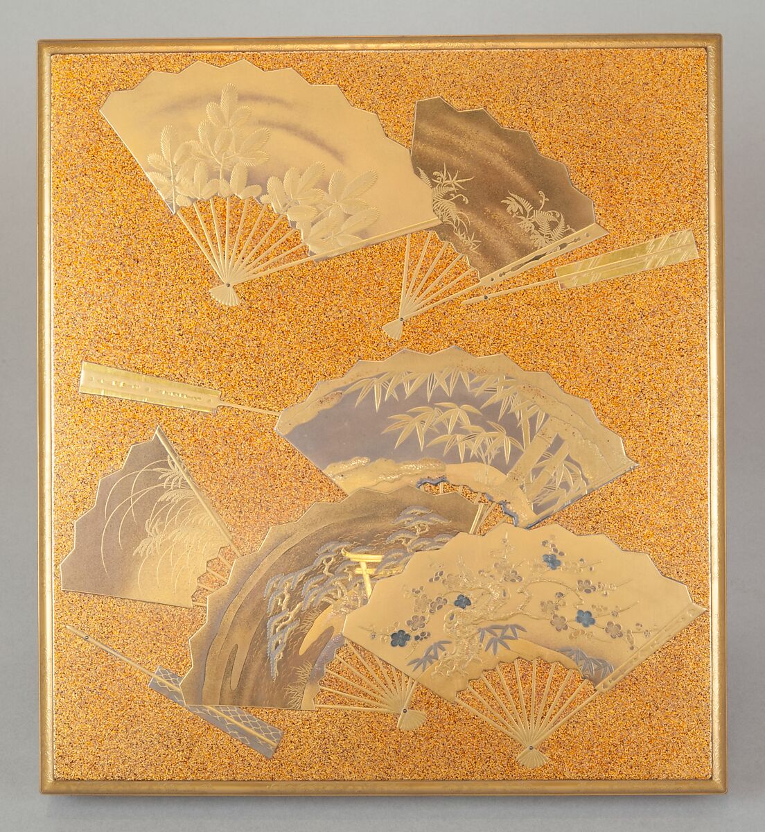 Writing box (suzuribako) with folding fans, Lacquered wood with gold and silver togidashimaki-e and hiramaki-e on “pear-skin” (nashiji) ground, Japan