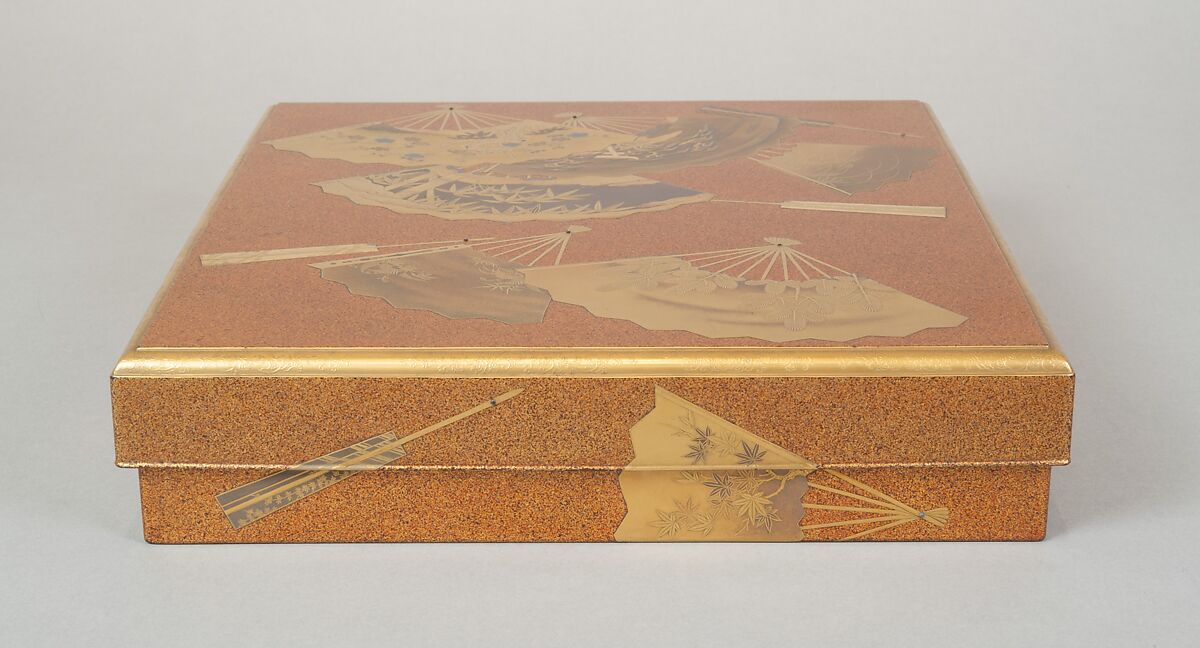 Writing box (suzuribako) with folding fans, Lacquered wood with gold and silver togidashimaki-e and hiramaki-e on “pear-skin” (nashiji) ground, Japan