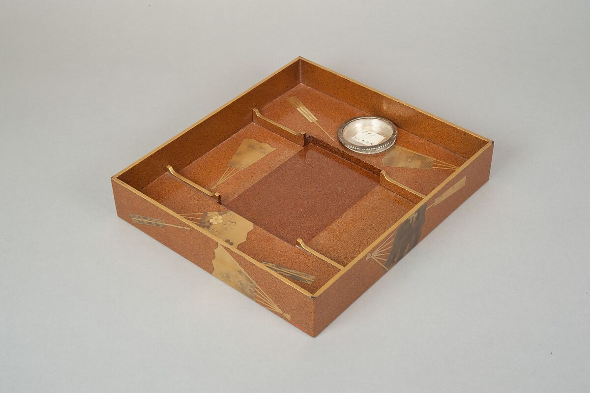 Writing box (suzuribako) with folding fans, Lacquered wood with gold and silver togidashimaki-e and hiramaki-e on “pear-skin” (nashiji) ground, Japan