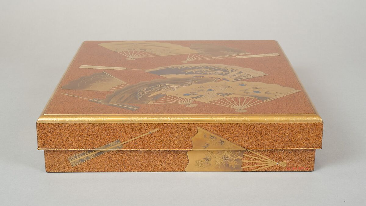 Writing box (suzuribako) with folding fans, Lacquered wood with gold and silver togidashimaki-e and hiramaki-e on “pear-skin” (nashiji) ground, Japan