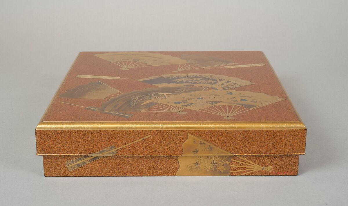 Writing box (suzuribako) with folding fans, Lacquered wood with gold and silver togidashimaki-e and hiramaki-e on “pear-skin” (nashiji) ground, Japan