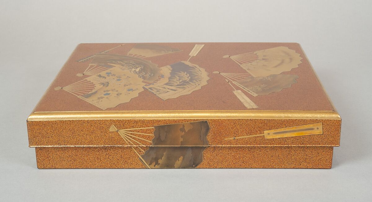 Writing box (suzuribako) with folding fans, Lacquered wood with gold and silver togidashimaki-e and hiramaki-e on “pear-skin” (nashiji) ground, Japan