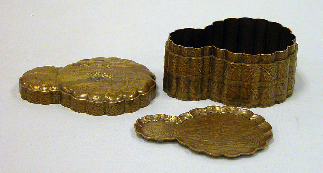 Incense Box with Design of Landscape in Spring (Side: Fagots with Cords), Gold and silver maki-e on gold lacquer, Japan