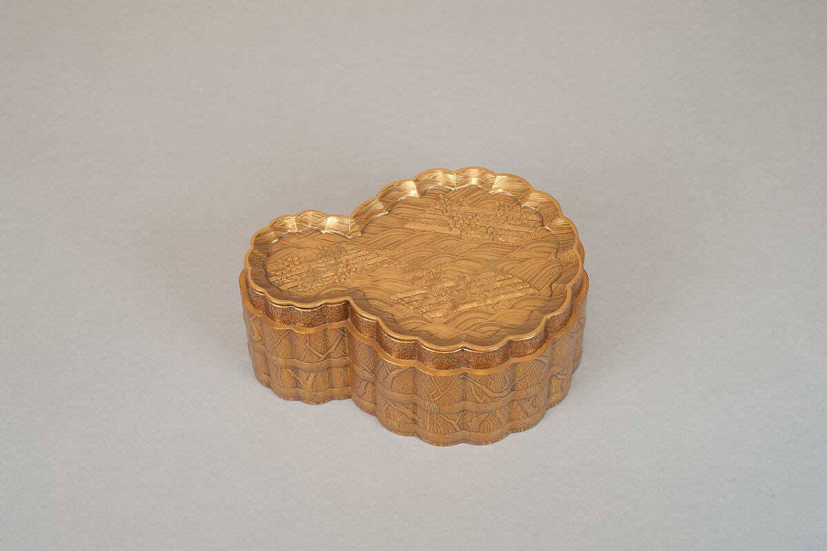 Incense Box with Design of Landscape in Spring (Side: Fagots with Cords), Gold and silver maki-e on gold lacquer, Japan