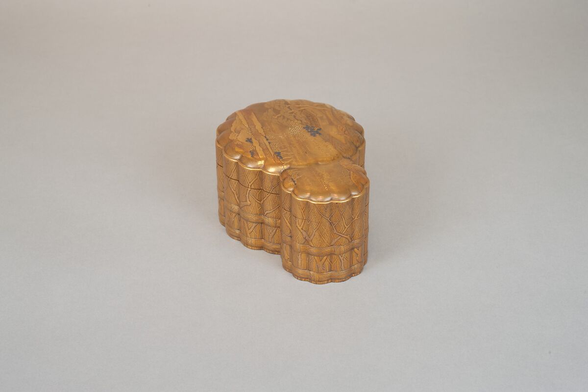 Incense Box with Design of Landscape in Spring (Side: Fagots with Cords), Gold and silver maki-e on gold lacquer, Japan