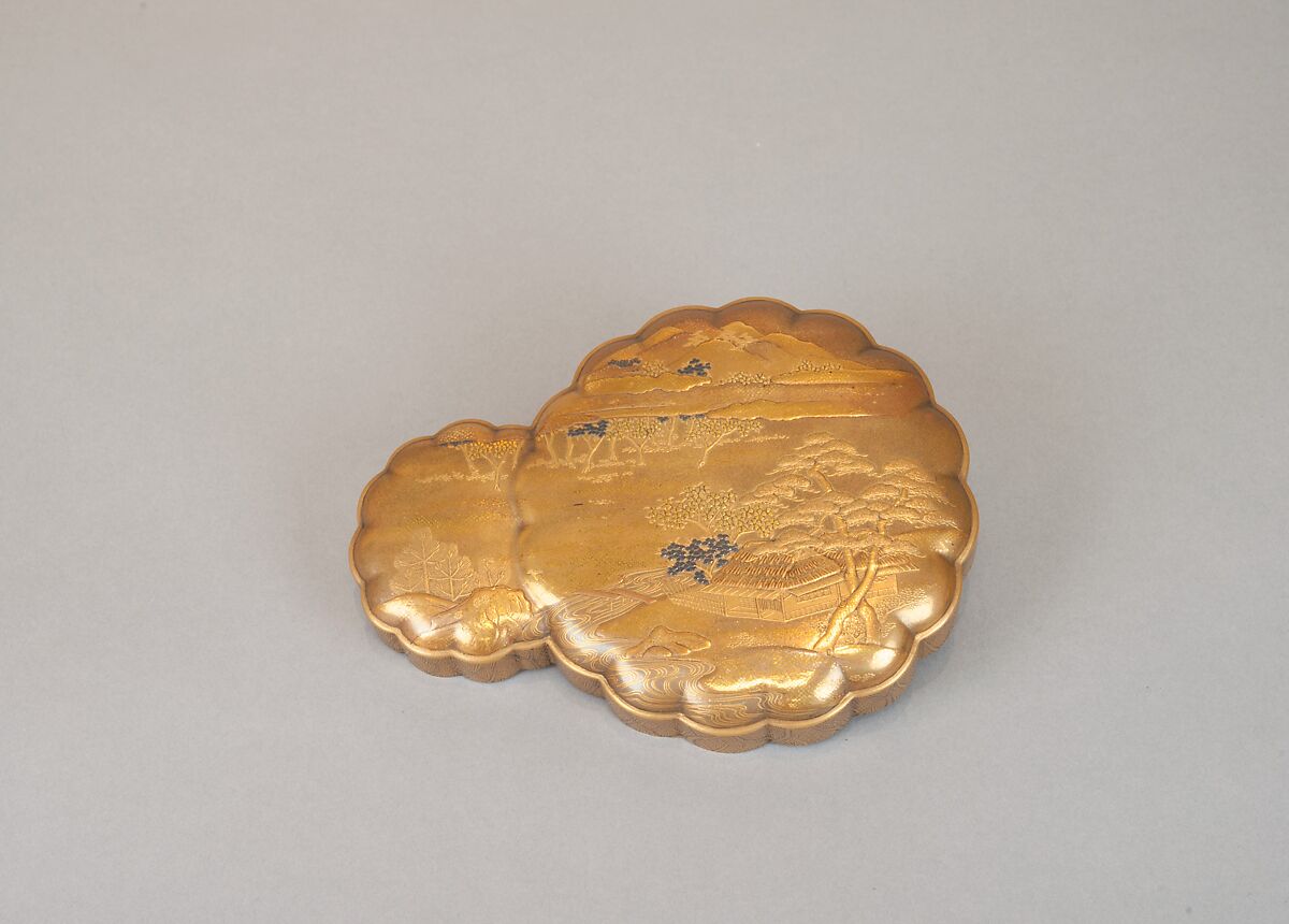 Incense Box with Design of Landscape in Spring (Side: Fagots with Cords), Gold and silver maki-e on gold lacquer, Japan