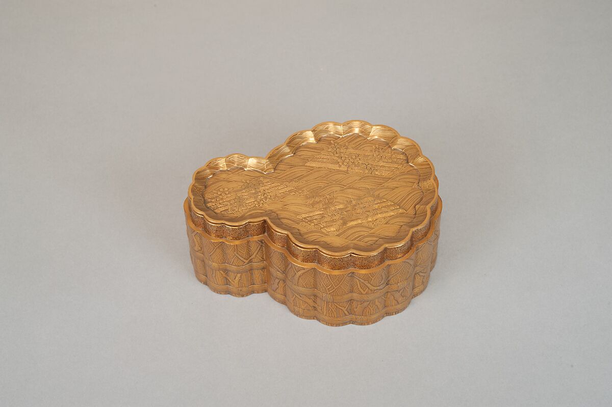 Incense Box with Design of Landscape in Spring (Side: Fagots with Cords), Gold and silver maki-e on gold lacquer, Japan