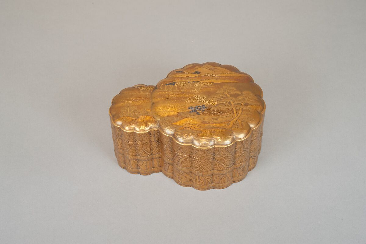 Incense Box with Design of Landscape in Spring (Side: Fagots with Cords), Gold and silver maki-e on gold lacquer, Japan