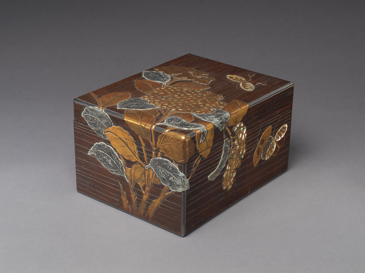 Document Box (Ryōshibako) with Hydrangeas and Butterflies, Nagata Yūji (Japanese, active 1711–36), Lacquered wood with gold takamaki-e and hiramaki-e, and mother-of-pearl and pewter inlay, Japan 