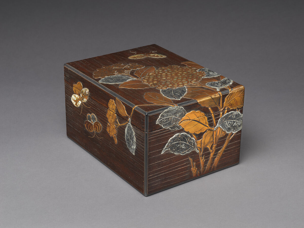 Document Box (Ryōshibako) with Hydrangeas and Butterflies, Nagata Yūji (Japanese, active 1711–36), Lacquered wood with gold takamaki-e and hiramaki-e, and mother-of-pearl and pewter inlay, Japan