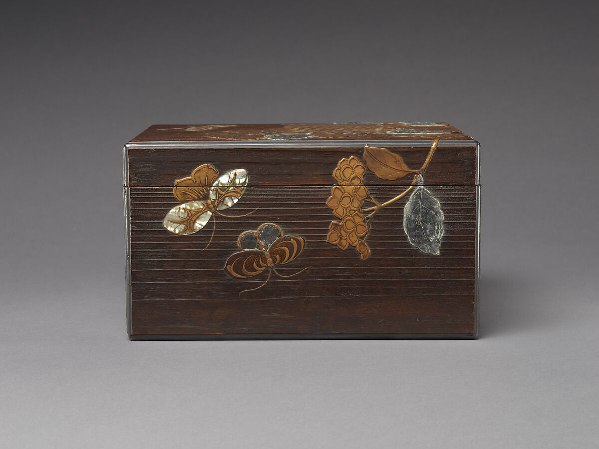 Document Box (Ryōshibako) with Hydrangeas and Butterflies, Nagata Yūji (Japanese, active 1711–36), Lacquered wood with gold takamaki-e and hiramaki-e, and mother-of-pearl and pewter inlay, Japan
