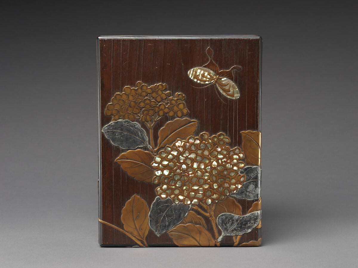 Document Box (Ryōshibako) with Hydrangeas and Butterflies, Nagata Yūji (Japanese, active 1711–36), Lacquered wood with gold takamaki-e and hiramaki-e, and mother-of-pearl and pewter inlay, Japan