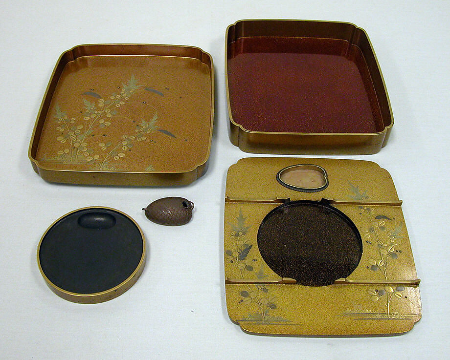 Writing Box with Design of Elderly Couple under Pine from the Noh Play Takasago, Gold maki-e with colored lacquer on black lacquer, Japan